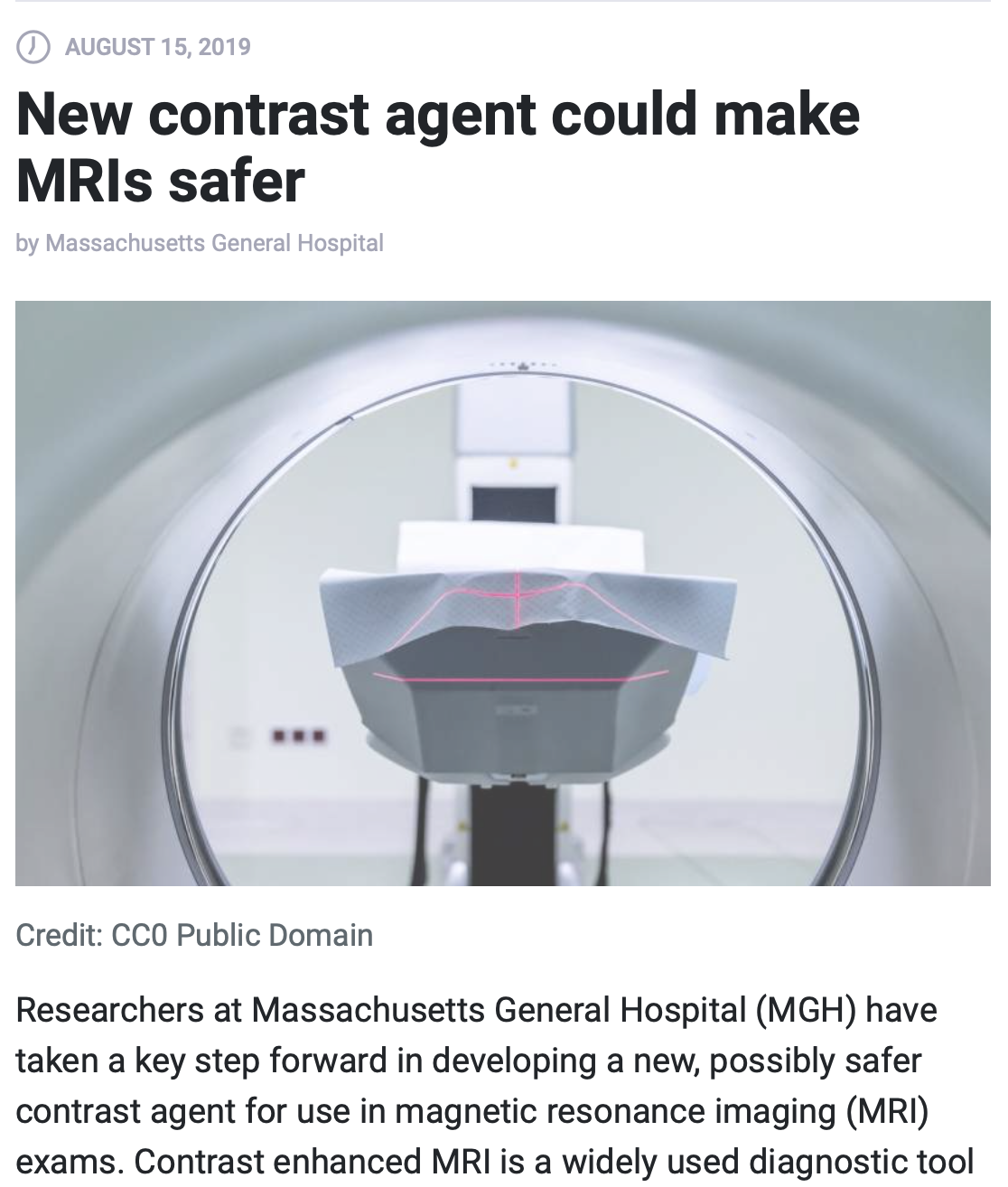 MGH: New contrast agent could make MRIs safer
